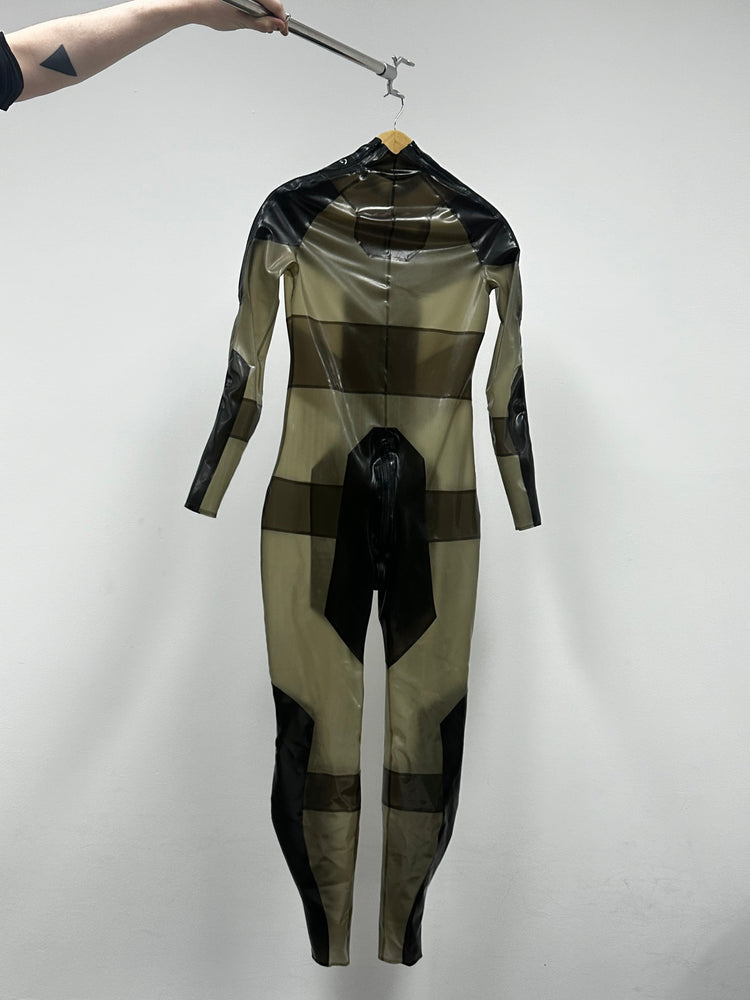 
                  
                    Load image into Gallery viewer, Panelled latex catsuit - shades of grey! (translucent)
                  
                